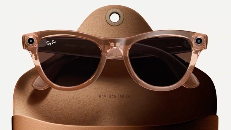 The Ray-Ban Meta smart glasses in brown, with its pouch.