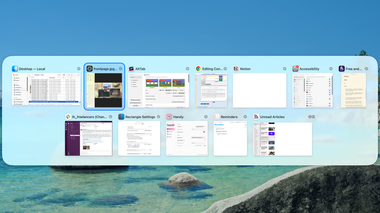 AltTab window switcher showing all open windows and apps together with thumbnail previews.
