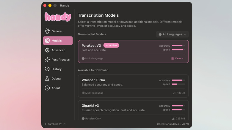 Handy app on the Mac showing all transcription models.
