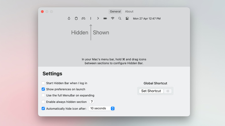 Hidden Bar app interface showing how to hide menu bar icons.