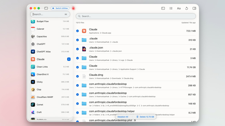 PearCleaner showing all associated data files for an app across the file system.