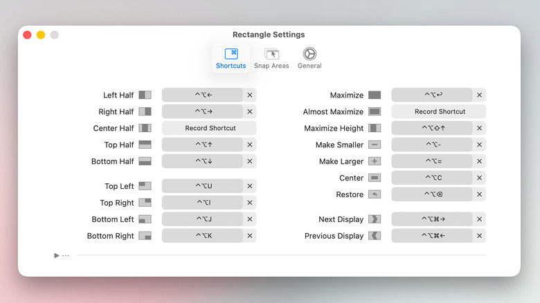 Rectangle window management tool showing customizable keyboard shortcuts for window resizing.