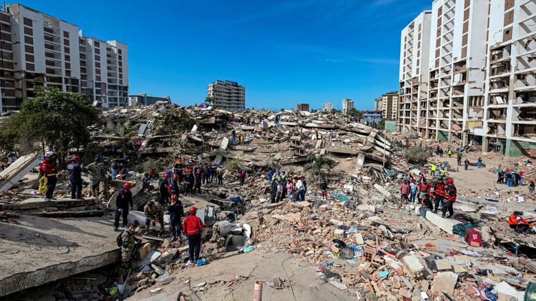 a search and rescue mission across a large path of rubble and debris