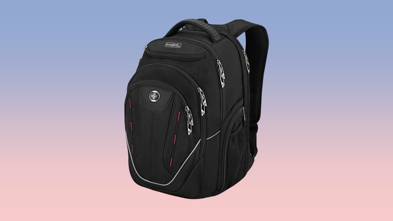 Swissdigital Design TSA Laptop Backpack against a gradient background