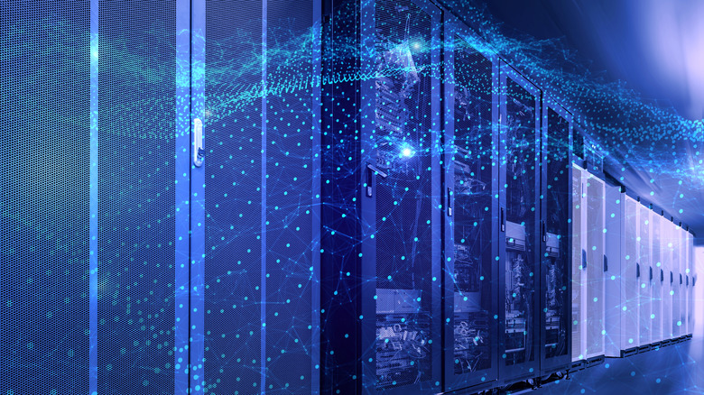 An illustration shows server racks covered with intricate digital network visualizations.