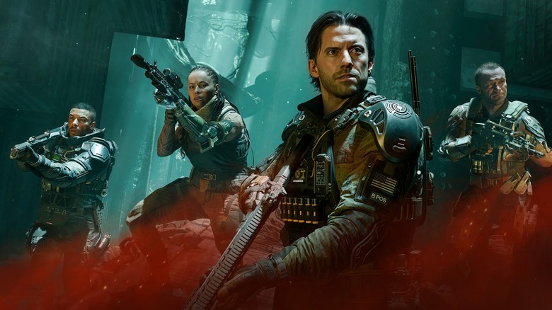 The main characters of Call of Duty Black Ops 7 posing in front of a background surrounded by red mist
