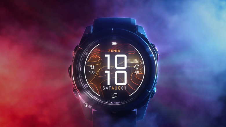 Garmin Fenix 8 Pro MicroLED against a colorful background