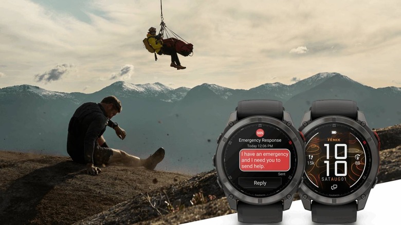 Fenix 8 Pro and 8 Pro MicroLED displayed in front of mountain with people stretching and hanging from rope