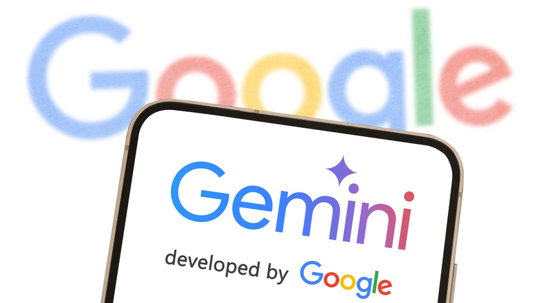 Google and Gemini logos on a phone.