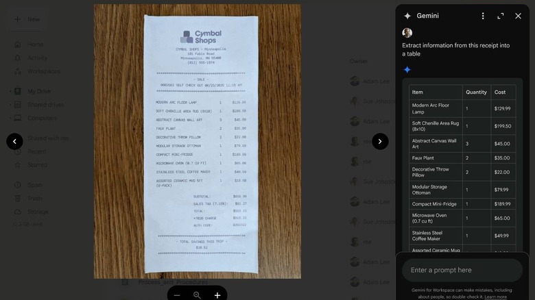 Google Drive using Gemini to extract information from a receipt