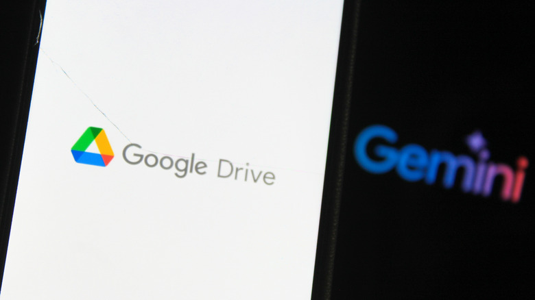 Google drive logo showing on white phone screen with Gemini logo in background