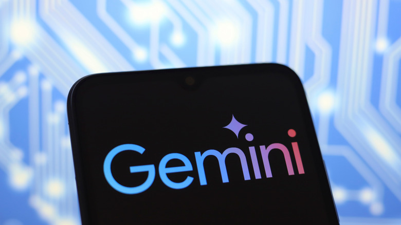 Gemini logo on a smartphone screen with a tech background