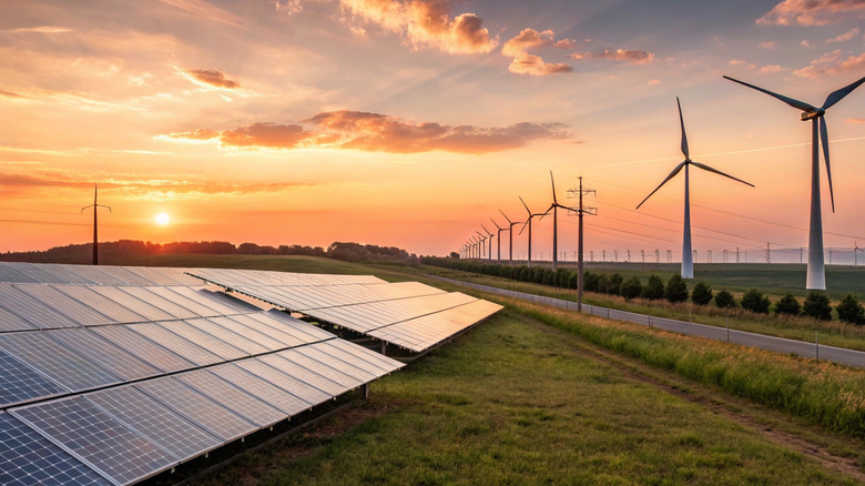 A solar and wind farm at sunset