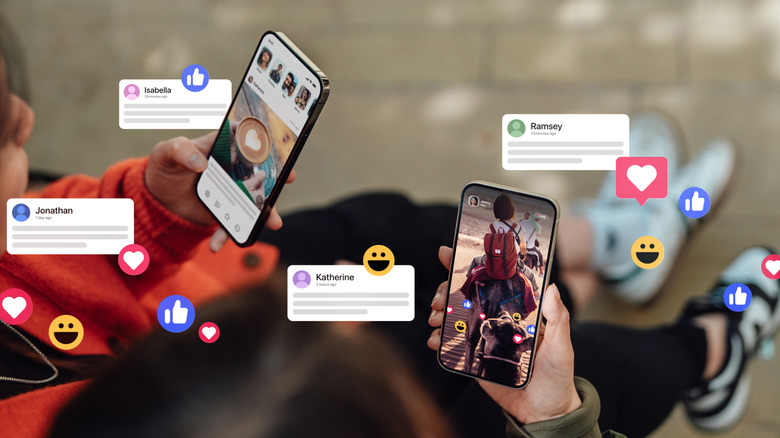 Two individuals both holding iPhones as several different social media reaction icons float alongside four floating messages