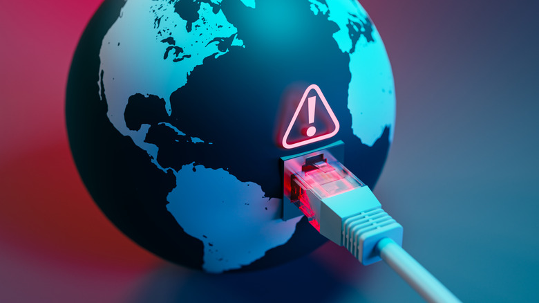 Ethernet cord plugging into globe with warning icon above.