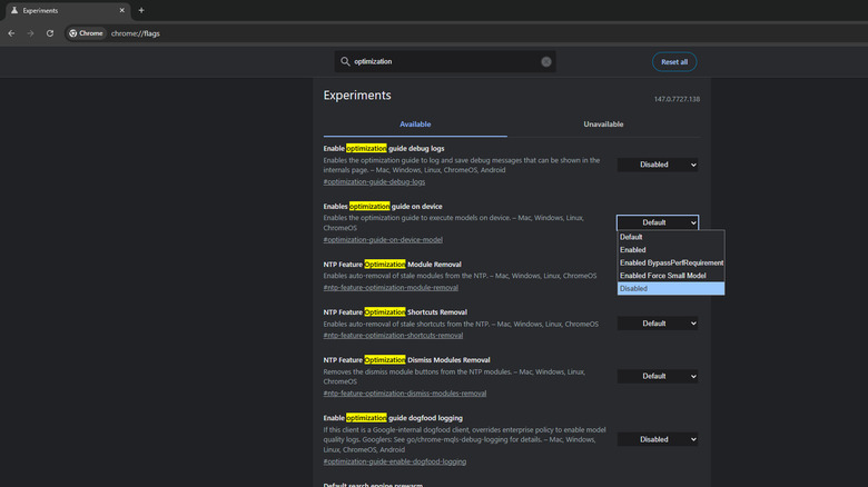 Chrome Flags menu with AI optimization setting being modified through dropdown.