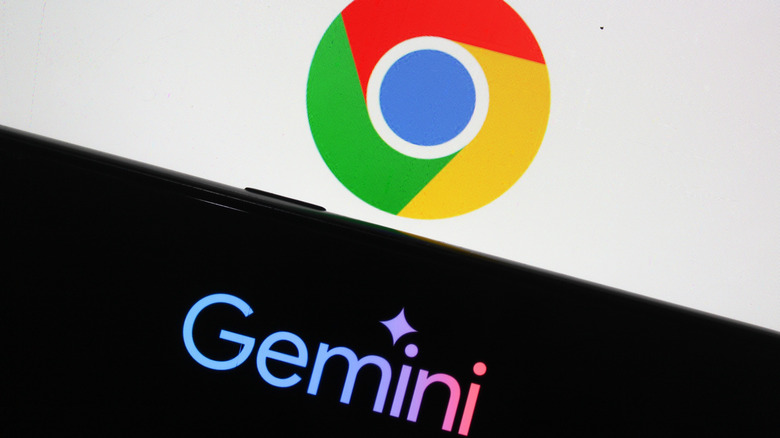 Google Chrome logo in the background with Gemini AI title in the foreground.