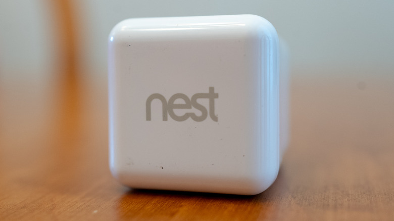 Close up of Google Nest logo on security device.