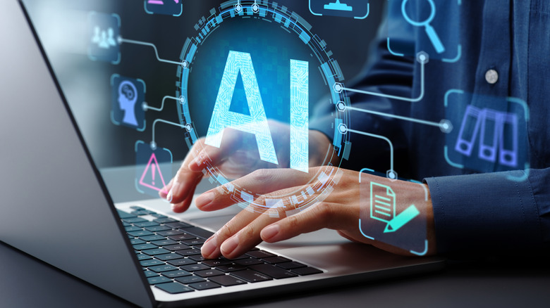Man typing on a laptop with an AI digital illustration overlaid on top