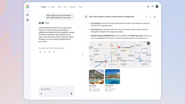 AI Mode: Create with Canvas supports travel deals.