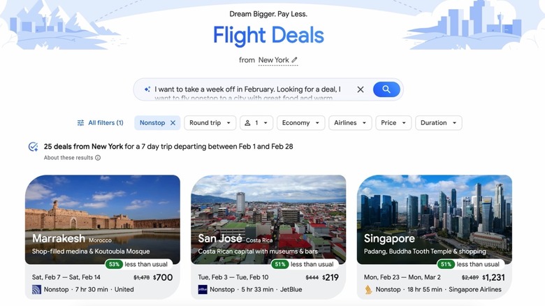 An example of a search with Google Flight Deals.