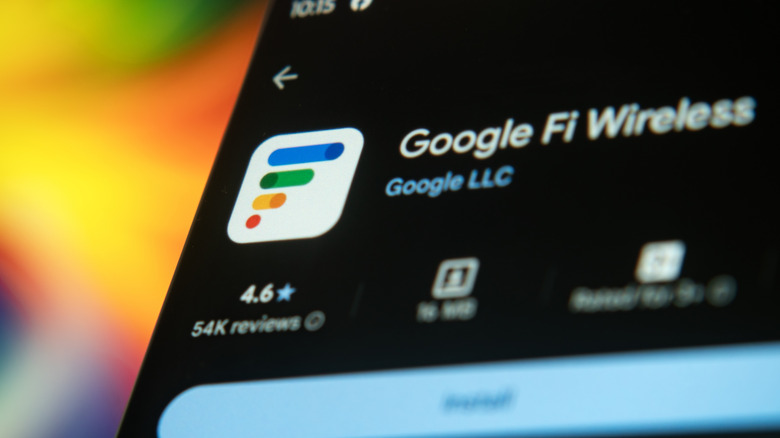 Close up of Google Fi Wireless app store page shown on a smartphone display.