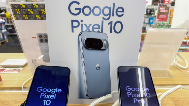 Pixel 10 phones on display.