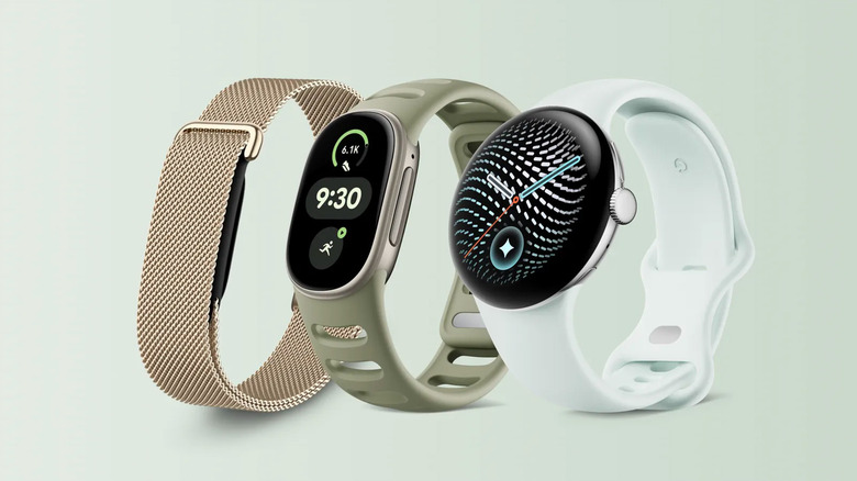A Google Fitbit Air, Fitbit Edge, and Pixel Watch 5 lined up beside one another on a light green background.