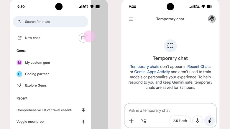 Enabling a Temporary Chat in Google Gemini.