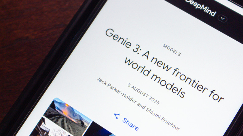 A smartphone open to the Google Genie 3 reveal blog post.