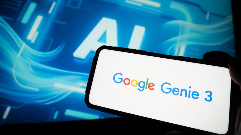 A person holding a smartphone showing a Google Genie 3 logo. A blue AI graphic makes up the background.