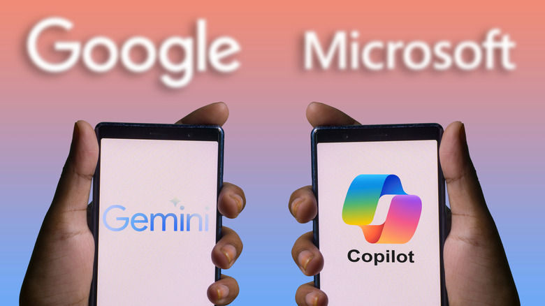 Two hands holding smartphones side by side, showing the Google Gemini and Microsoft Copilot logos