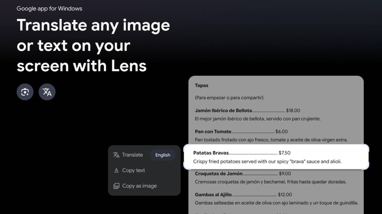 translating an entry from a menu using Google Lens in the Google app for windows