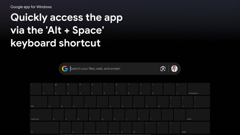 Google app for Windows showing search bar with onscreen keyboard