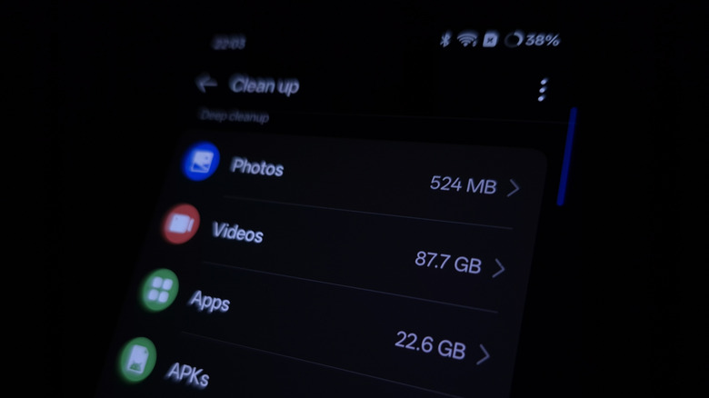 close-up smartphone showing amount of space being taken up by apps, videos, photos, and more