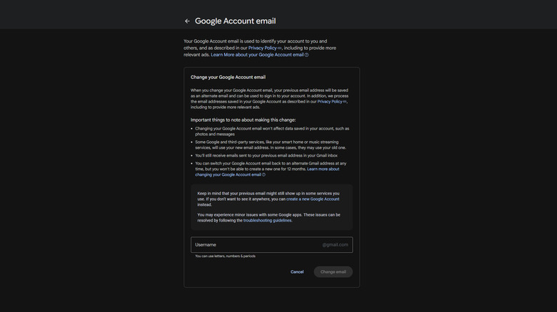 The screen that appears when you select Change Your Google Account Email in Gmail.