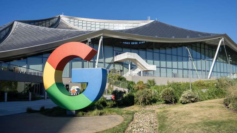 A building on the Google campus with the Google logo in the foreground