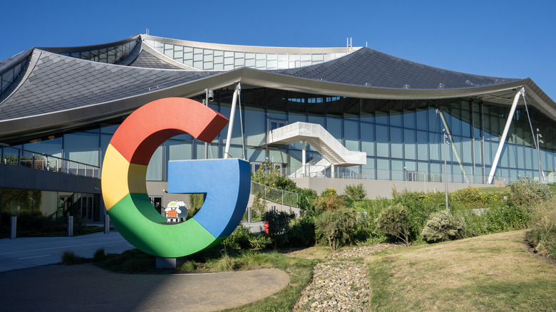 External view of a Google HQ building with the logo in the foreground