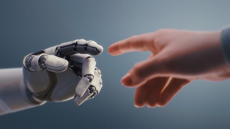 Artistic rendition of a robot hand rouching a human hand