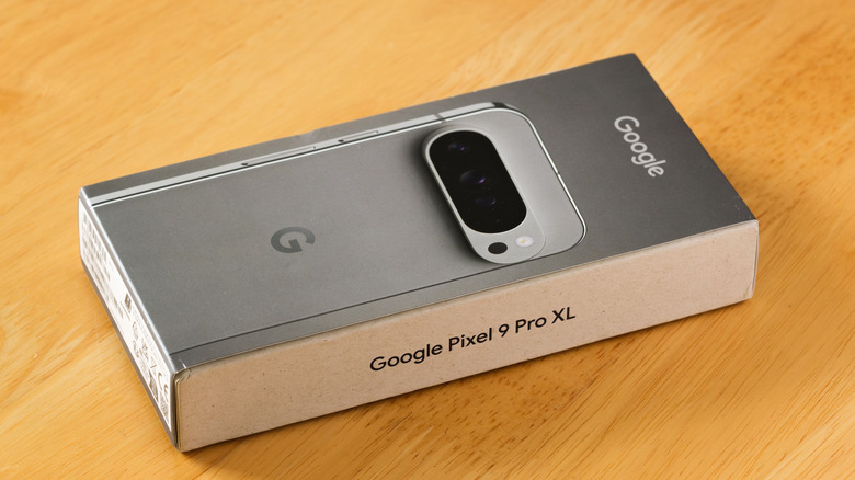 Pixel 9 Pro XL retail box on a table.
