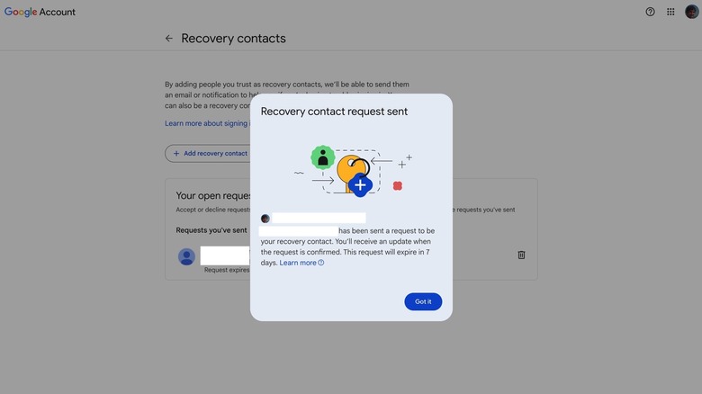 Recovery Contacts: Sending a recovery contact request to a trusted person.