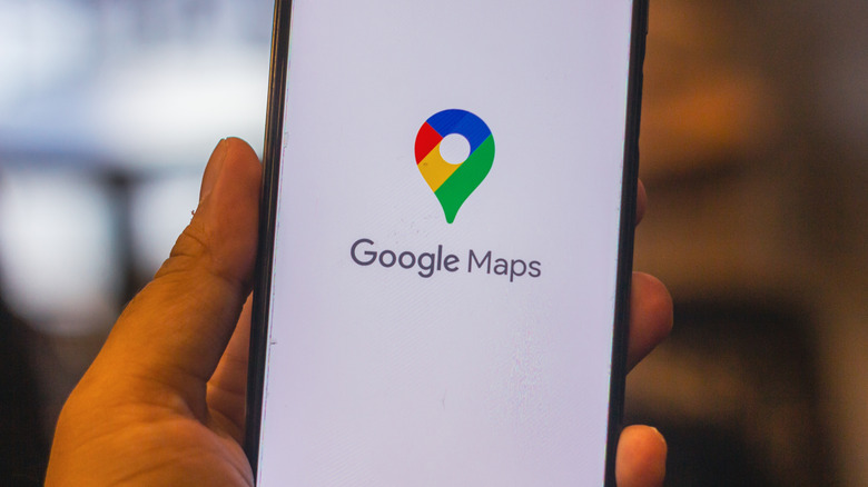 person holding a phone showing the Google Maps logo on a white screen