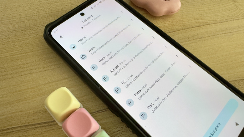 Phone showing list of Google Maps labels