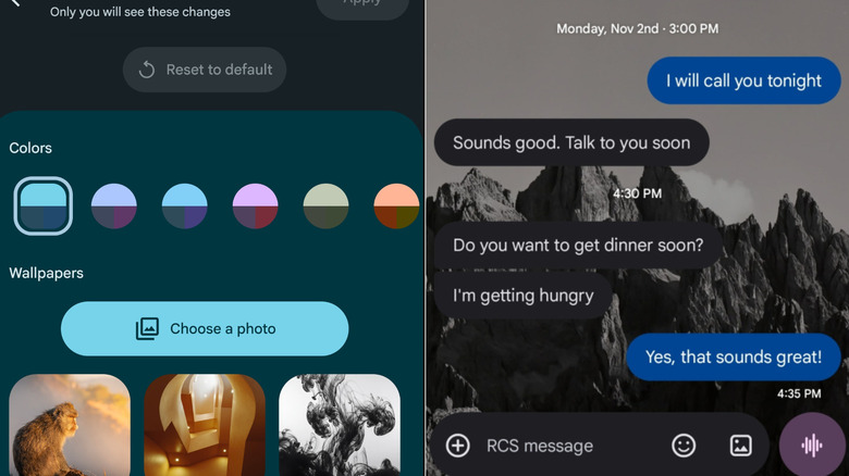 Google messages customization screen side by side with messages chat showing background option