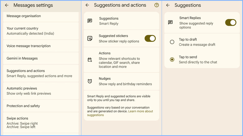 Screenshots showing steps to enable Tap to draft in Google Messages settings