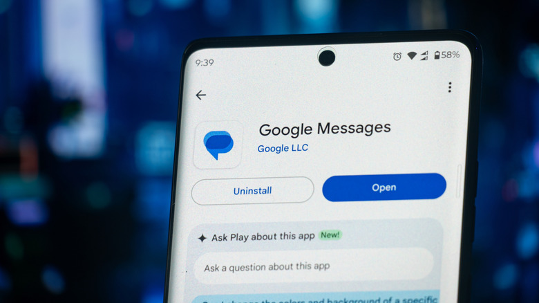 Google Messages app listing in the Play Store on an Android phone