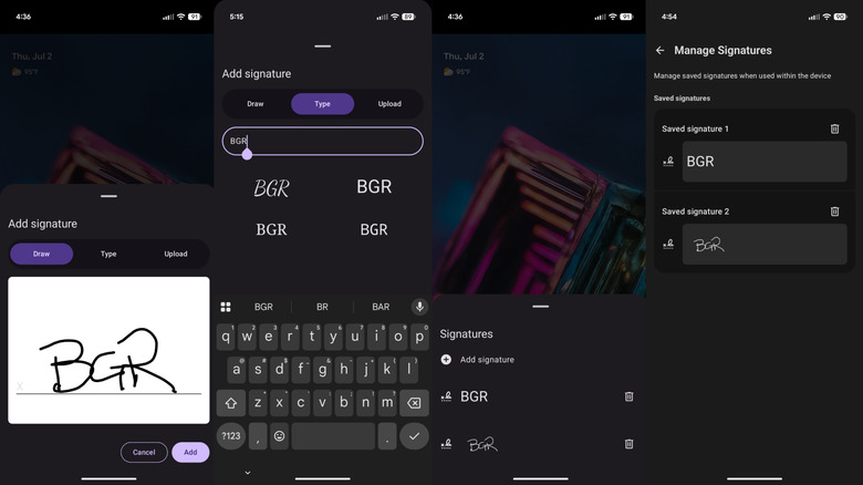Screenshots showing Google's Signatures app for Android in action.