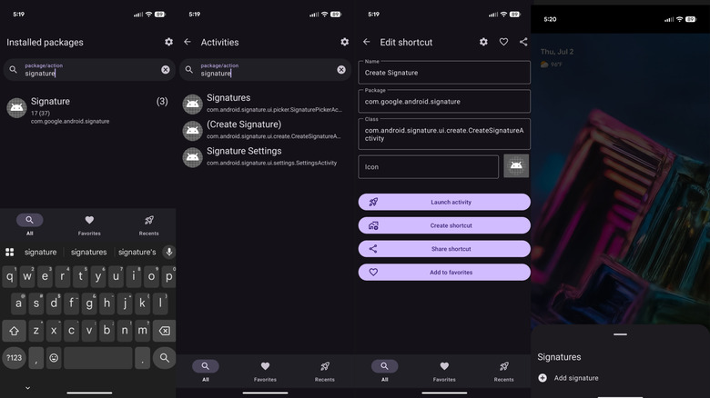 Screenshots showing how to launch the Signatures app's main activity