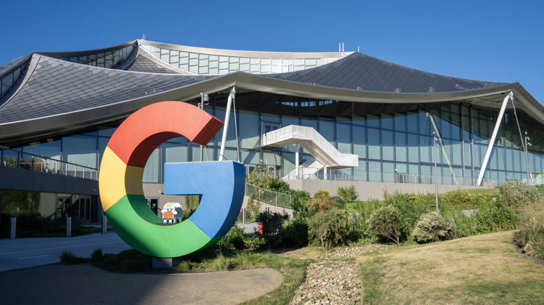 External view of a Google HQ building with the logo in the foreground