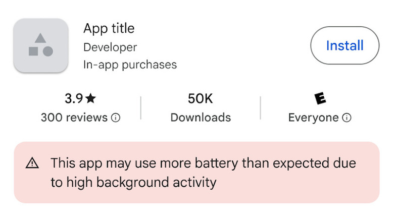 Google mock-up of how warning about excessive battery usage might show for an app on the Play Store